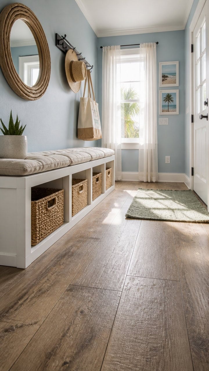 Bright entryway with a bench, mirror, and wall hooks in a modern apartment.