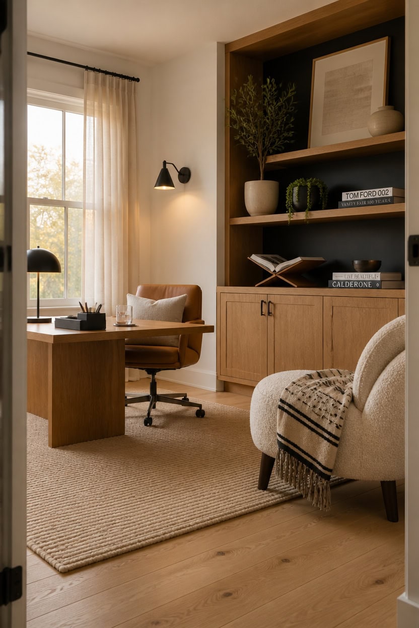 Bright home office featuring a wooden desk, comfortable chair, and built-in shelving with plants and.