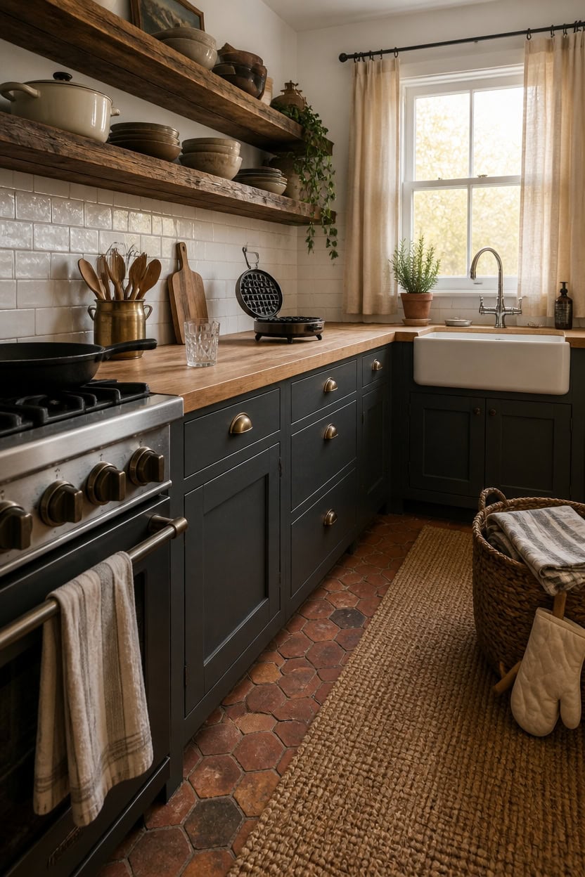 Charming rustic kitchen with open wooden shelves, farmhouse sink, and natural light.
