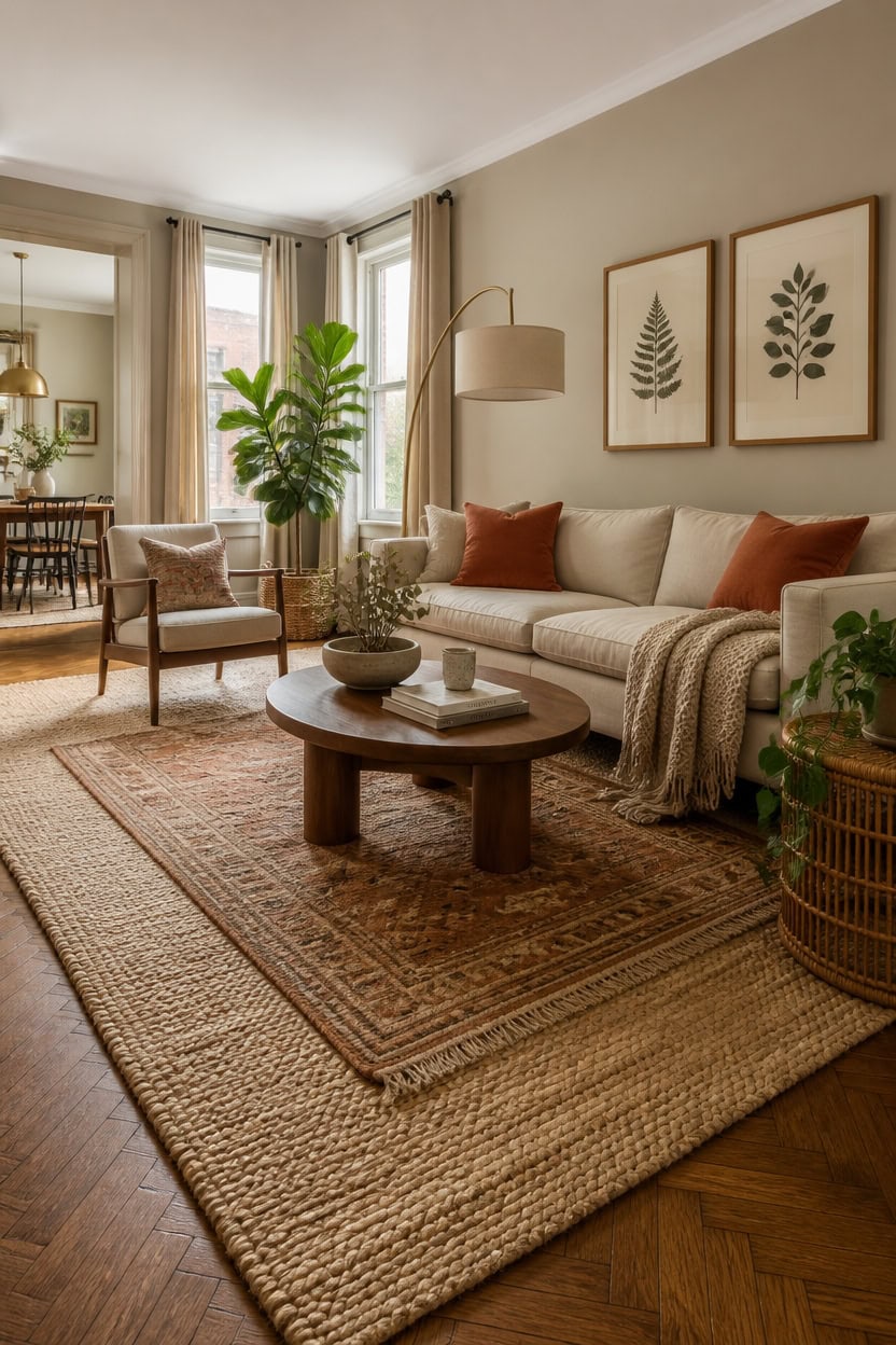 Bright living room with beige sofa, wooden coffee table, and indoor plants.