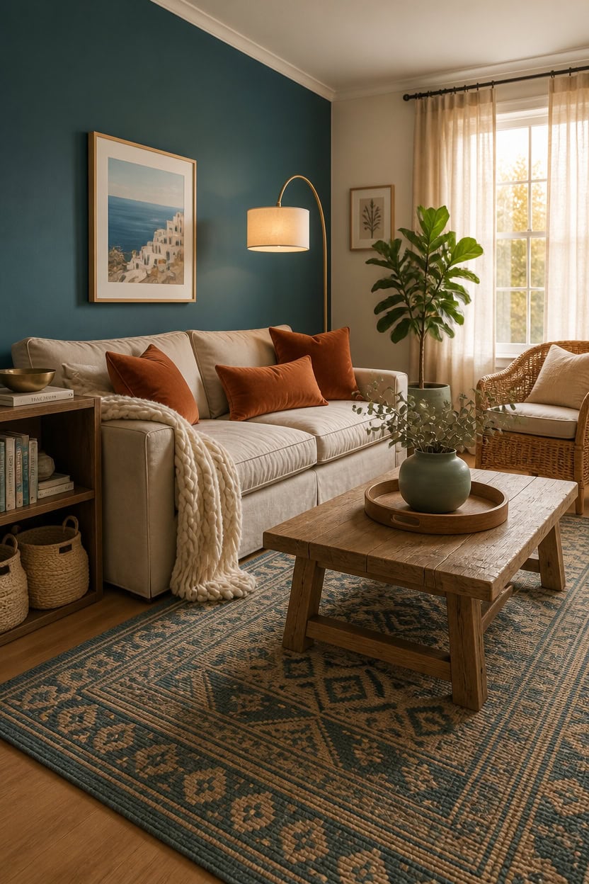 Cozy living room featuring a beige sofa with rust-colored pillows, a wooden coffee table, and a larg.