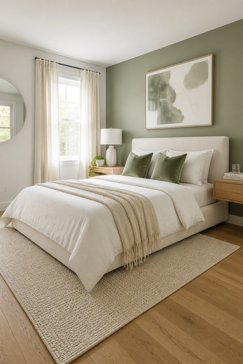 Bright bedroom featuring a green accent wall, white bedding, and natural light from large window.