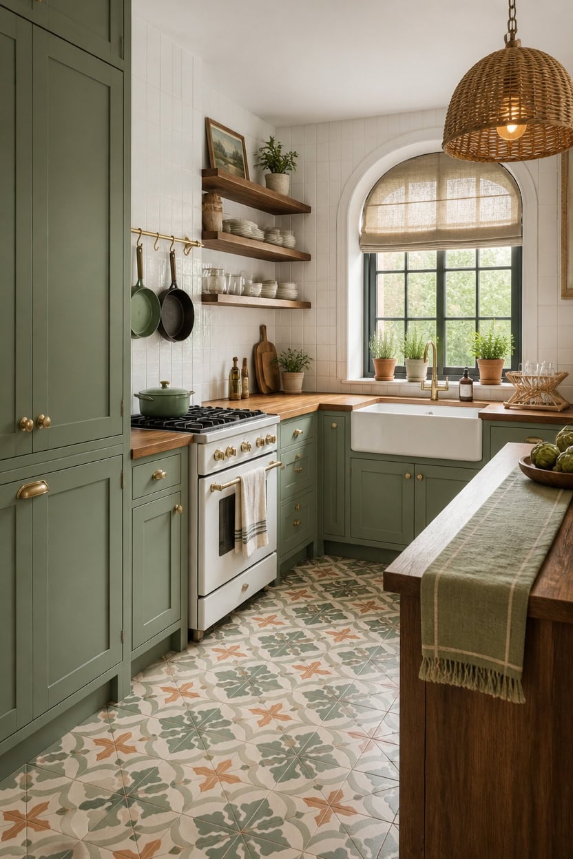 Bright green kitchen with vintage-style cabinets, open shelves, and a large window.