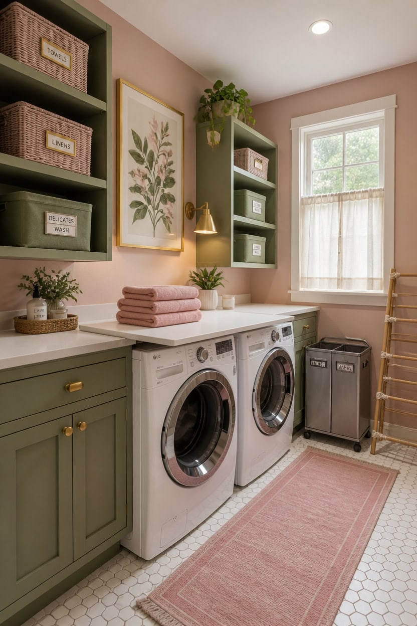 Laundry room with green cabinetry, washer and dryer, and natural light from a window.