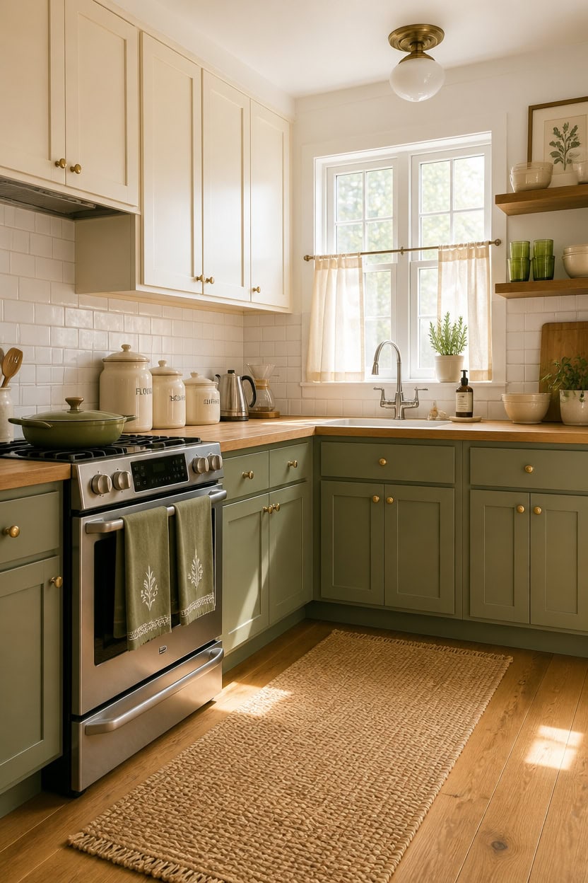Bright kitchen with green lower cabinets and white upper cabinets, featuring a window with curtains,.