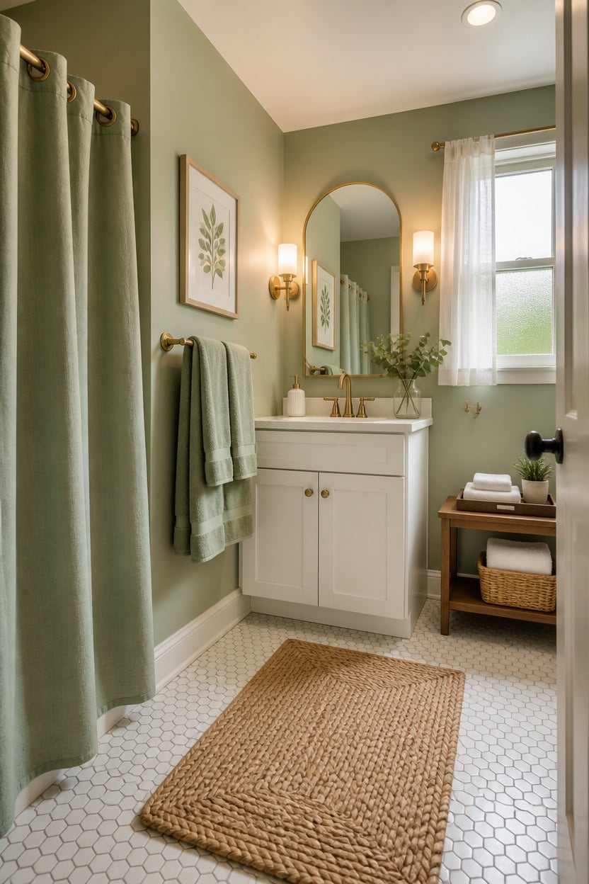 Bright bathroom with green walls, white vanity, and natural decor.