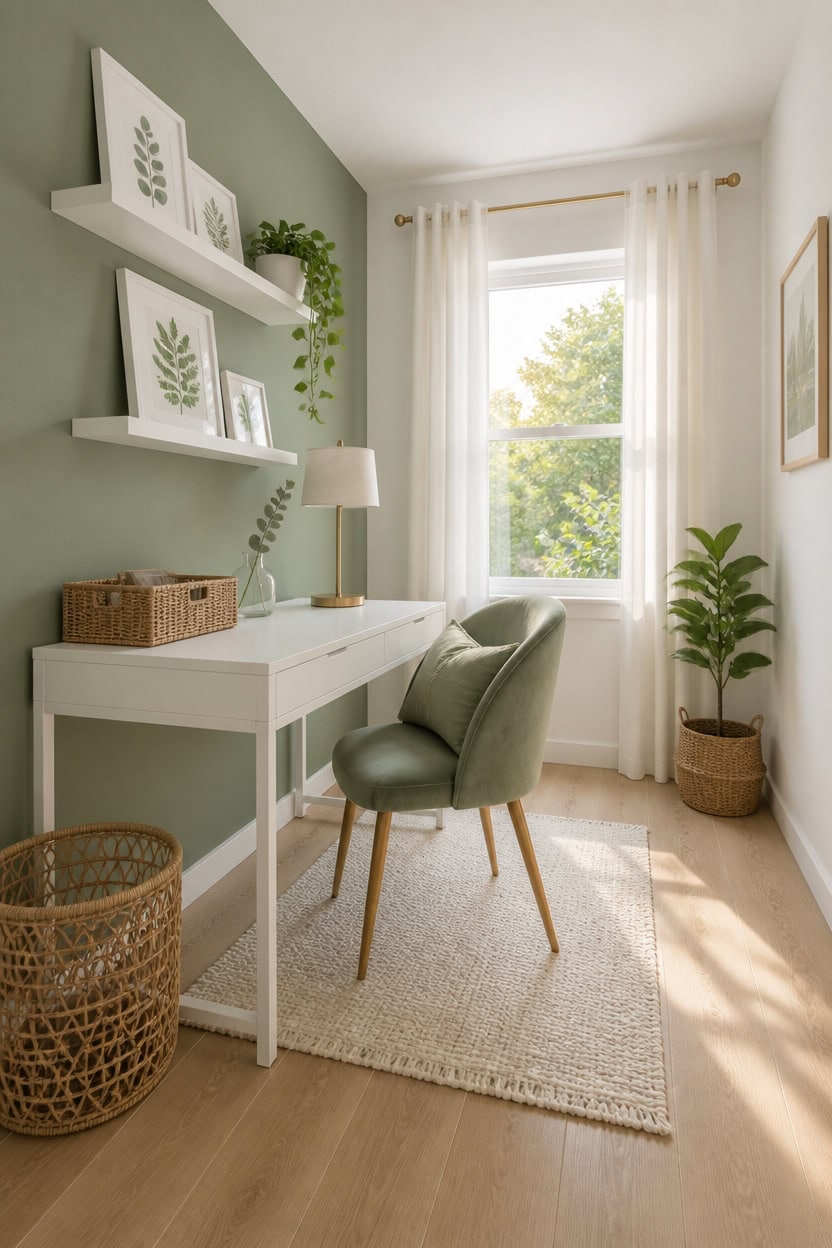Bright home office with green wall, white desk, and natural decor elements.