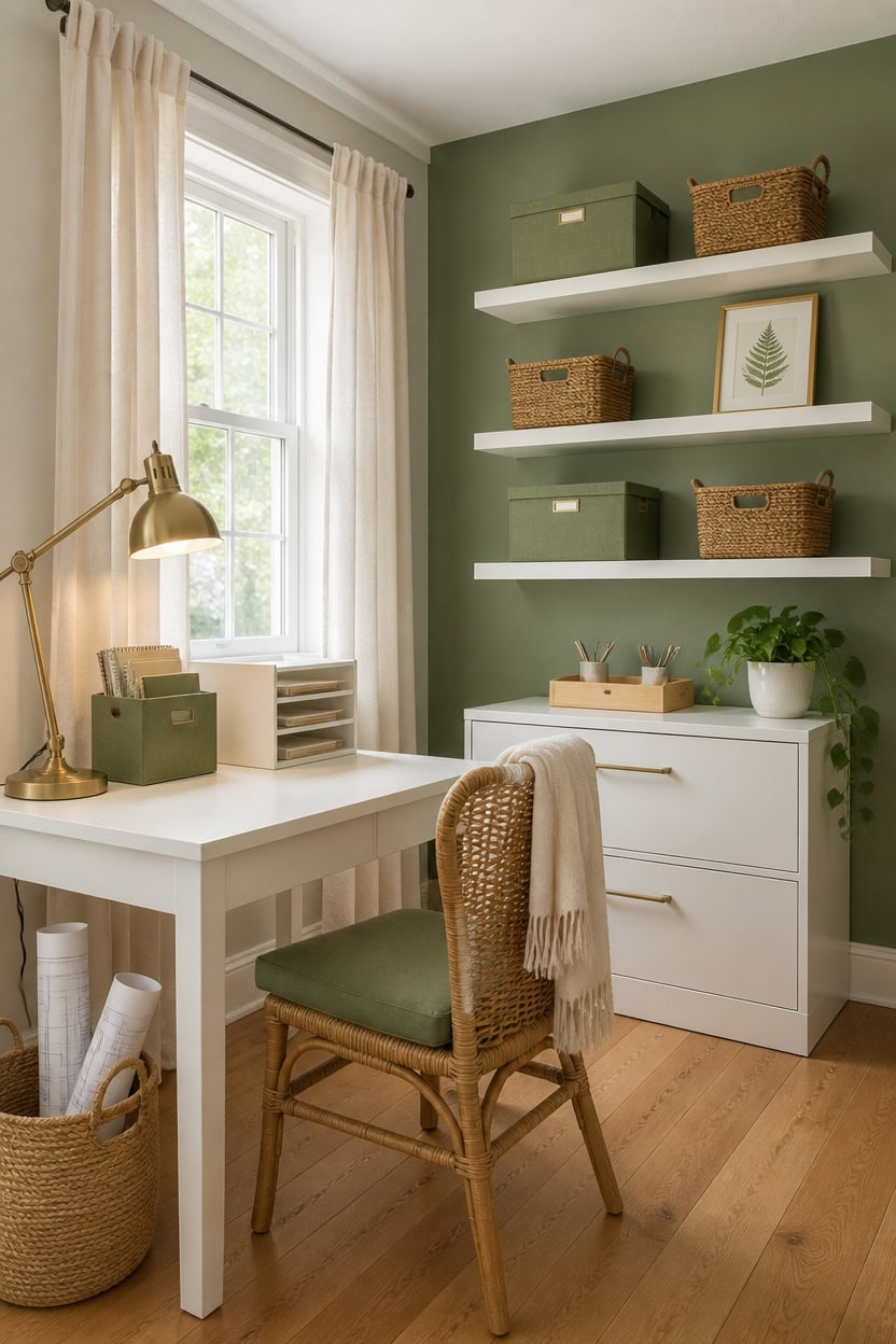 Home office with green accent wall, white desk, wicker chair, and wall-mounted shelves with storage.