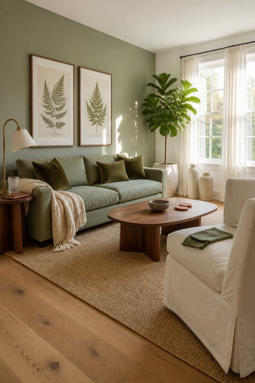 Bright living room with green accent wall, large window, and stylish decor.