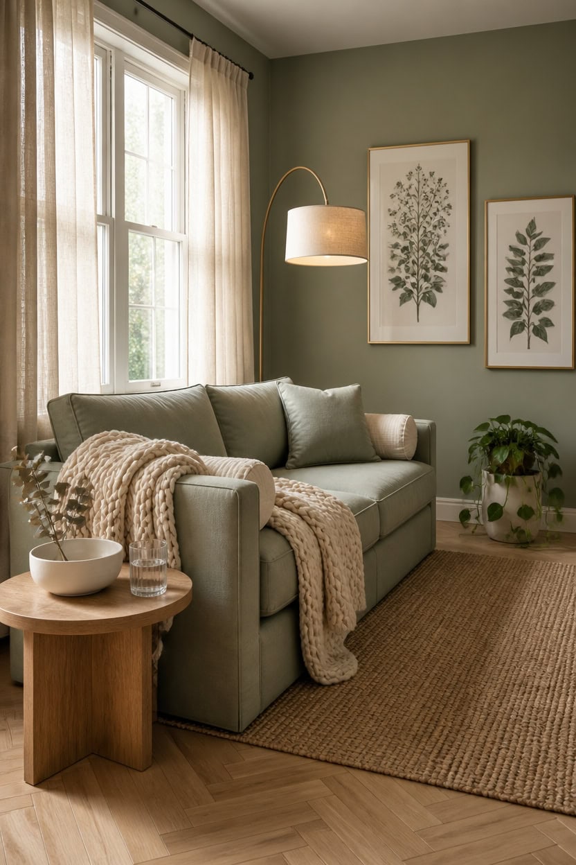 Bright living room with large window, green walls, and modern decor.