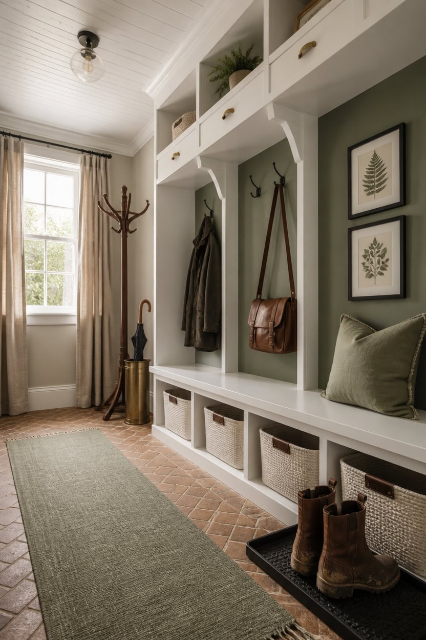 Entryway with built-in storage, coat hooks, and decorative framed prints.