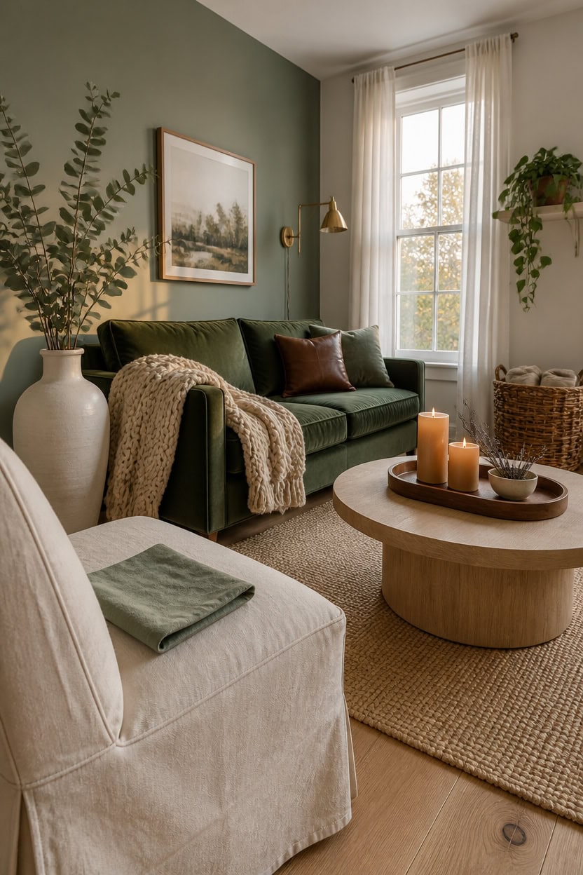 Inviting living room with green accent wall, natural light, and stylish decor.