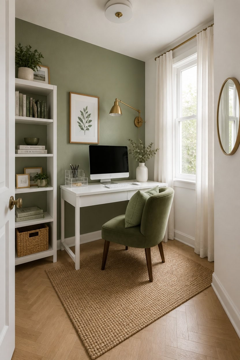 Home office setup with a white desk, green accent wall, and natural light from a large window.