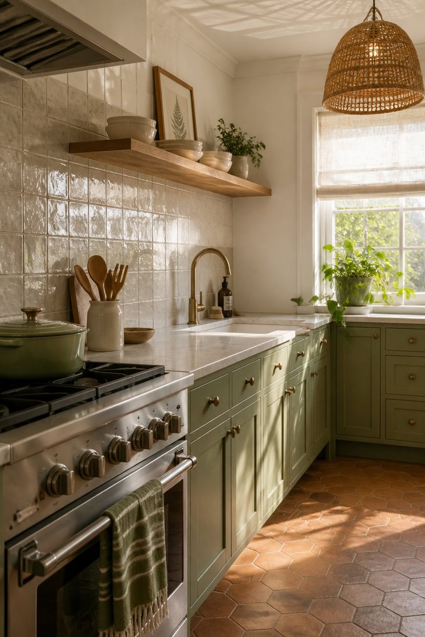 sage and white textured backsplash