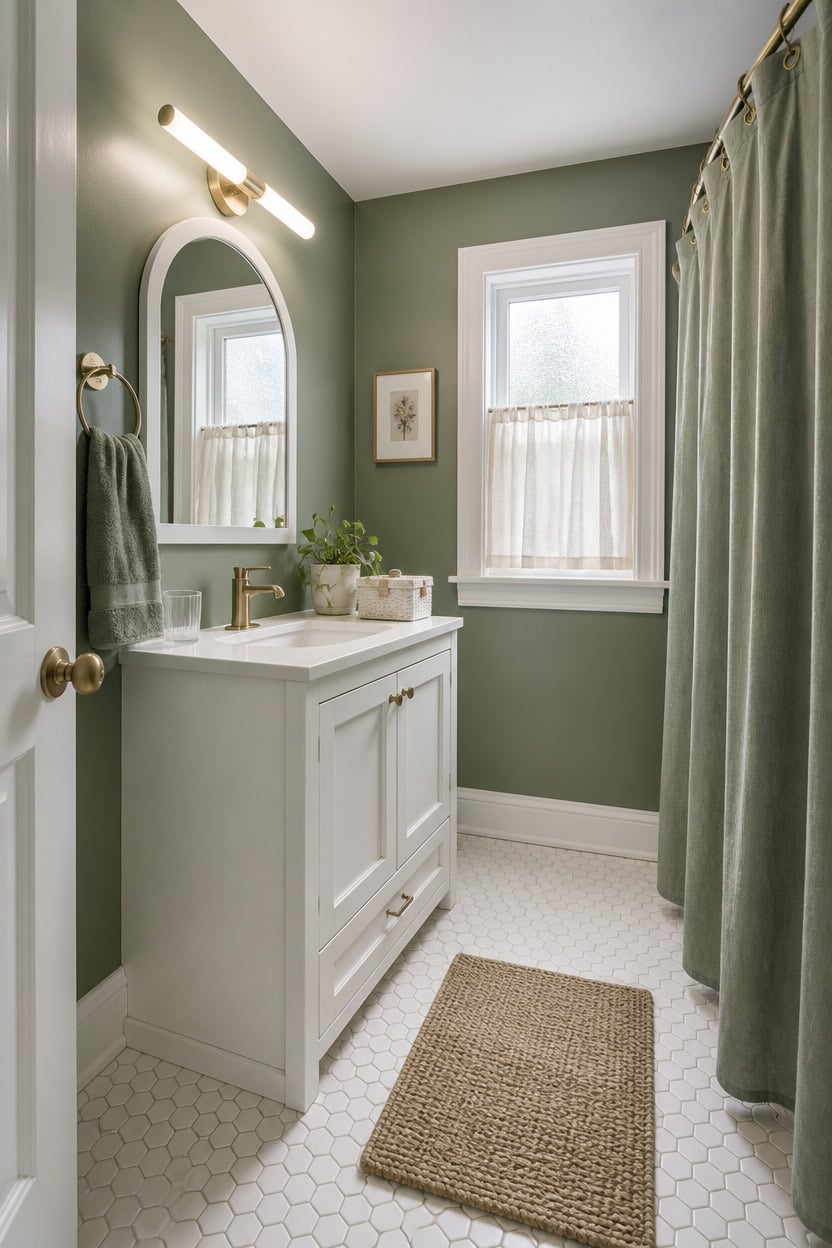 Bright bathroom featuring a white vanity, green walls, and natural light from two windows.