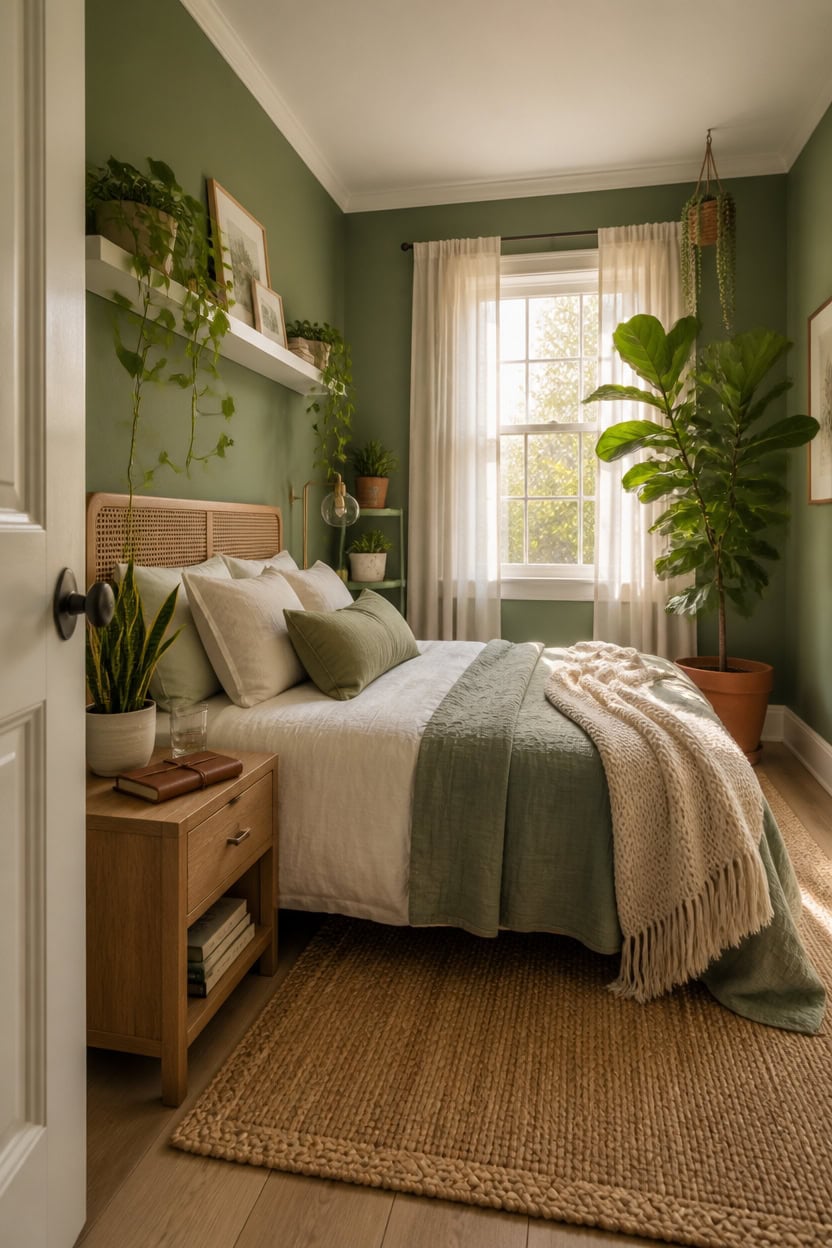 Bright bedroom with green walls, large window, and lush indoor plants.