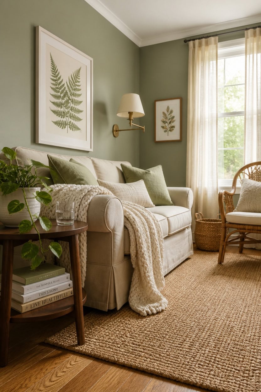 Inviting living room with green walls, framed botanical art, and natural light.