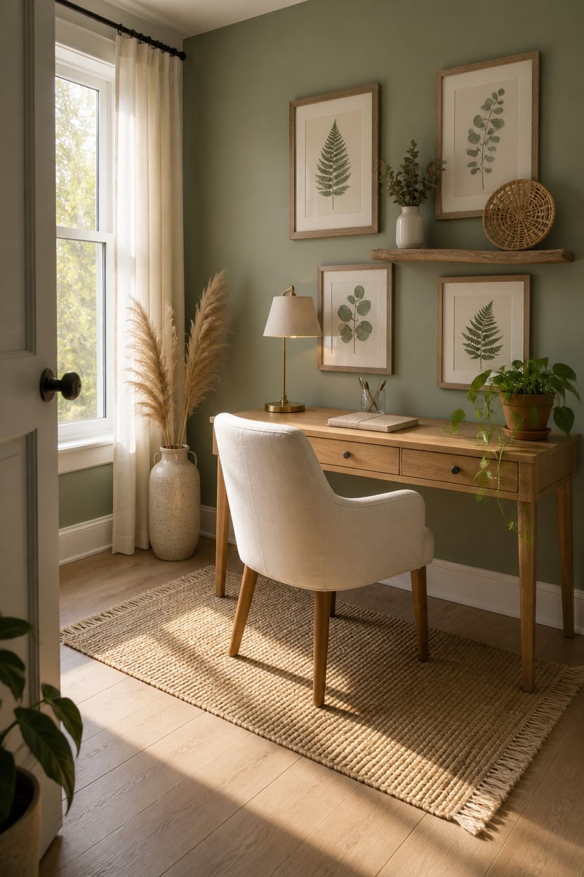 Cozy home office featuring a green accent wall, framed botanical prints, a wooden desk, and natural.
