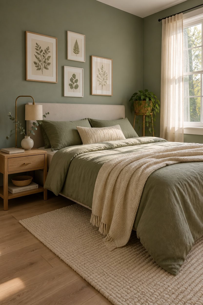 Bright bedroom featuring green walls, framed botanical art, and a large window with sheer curtains.
