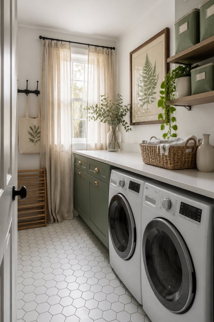 Bright laundry room with green cabinetry, washer and dryer, and natural light from a window.