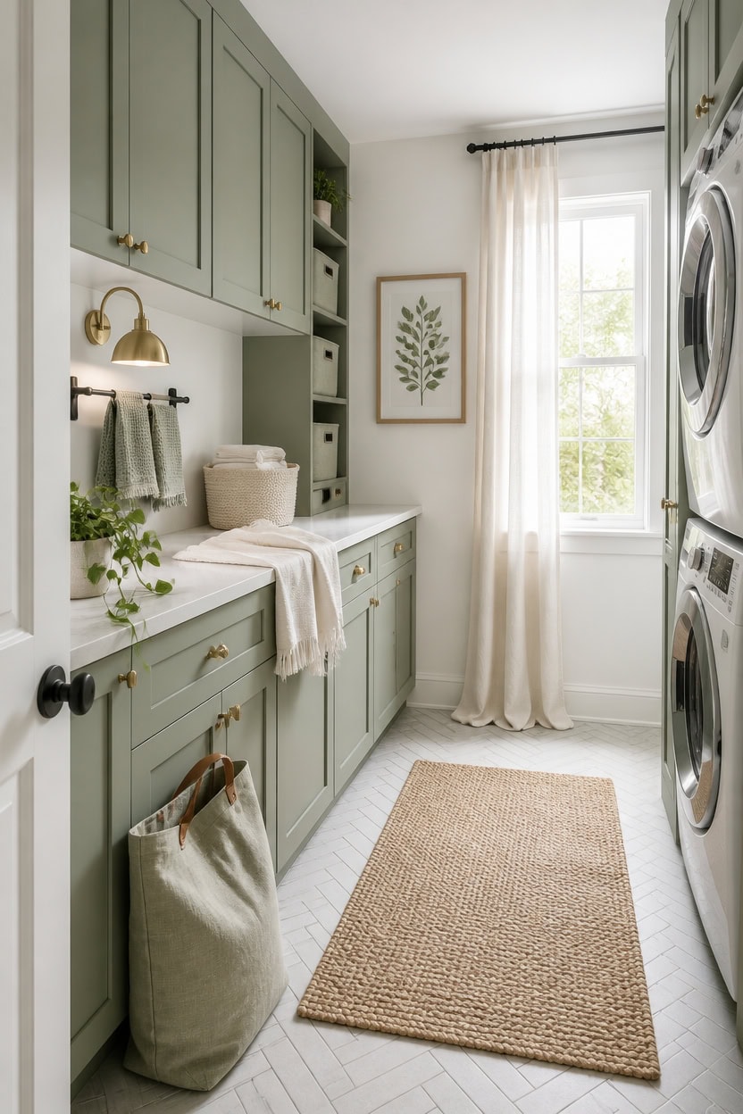 Bright laundry room with sage green cabinets and natural light.