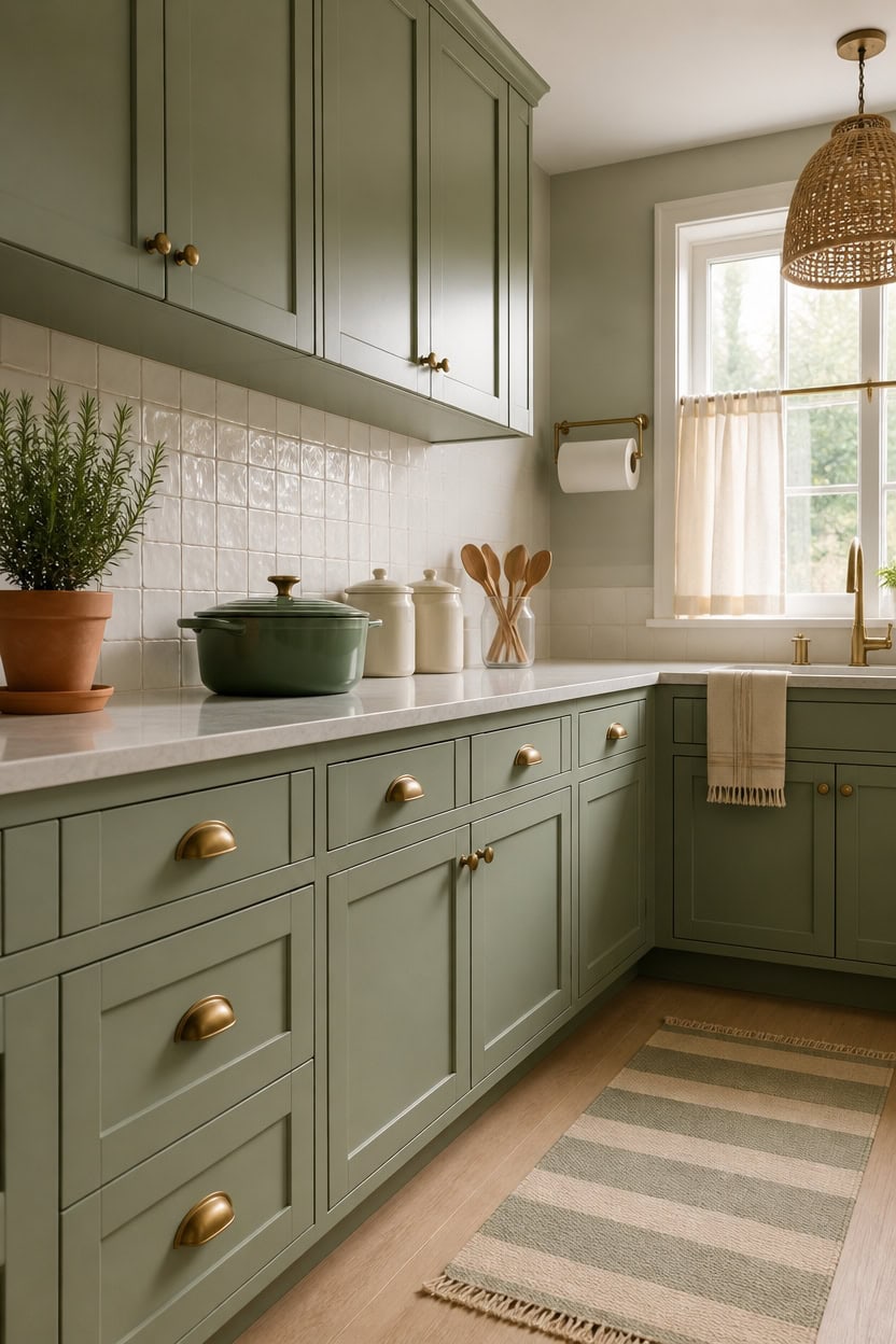 sage cabinets with warmbacksplash
