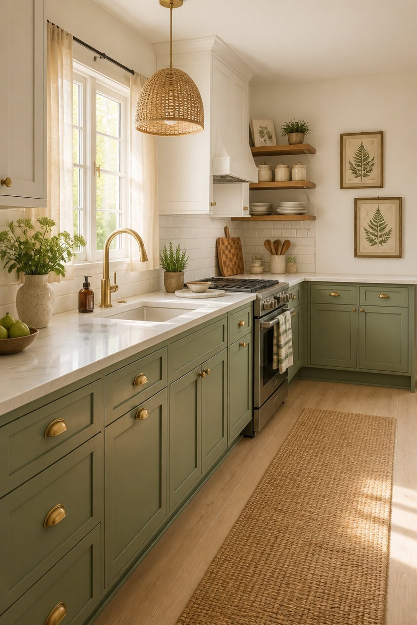 sage cabinets with white countertops