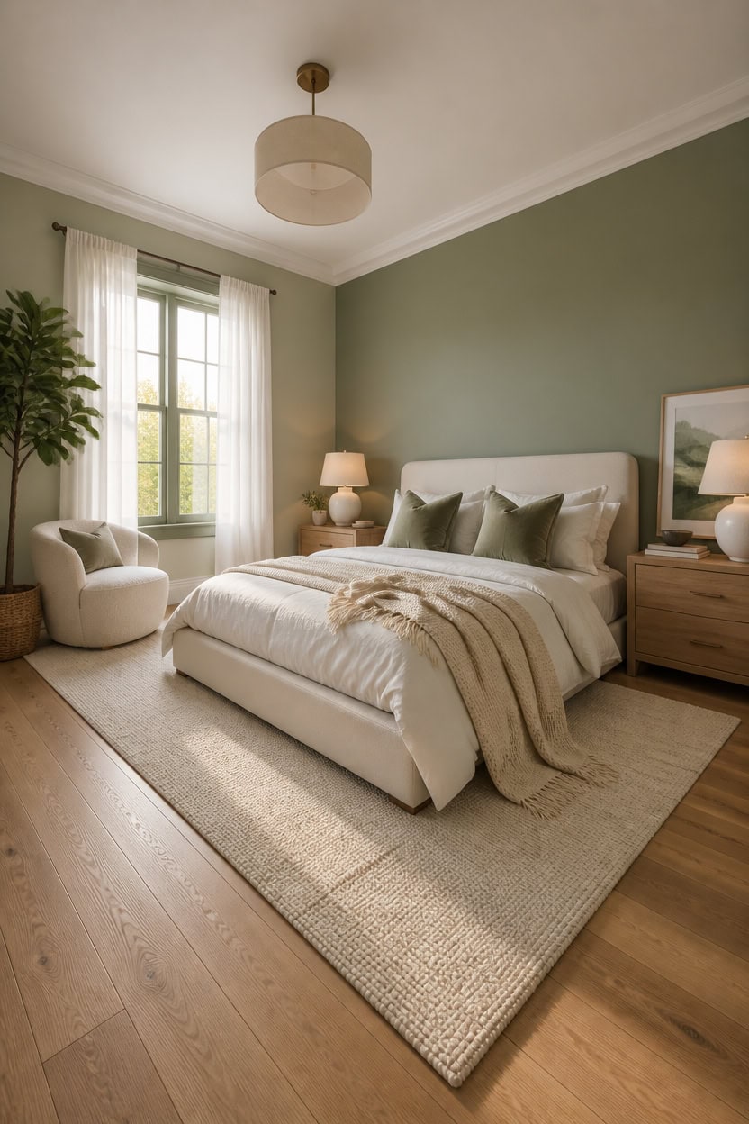 Bright bedroom with large window, soft lighting, and stylish furnishings for a comfortable living sp.