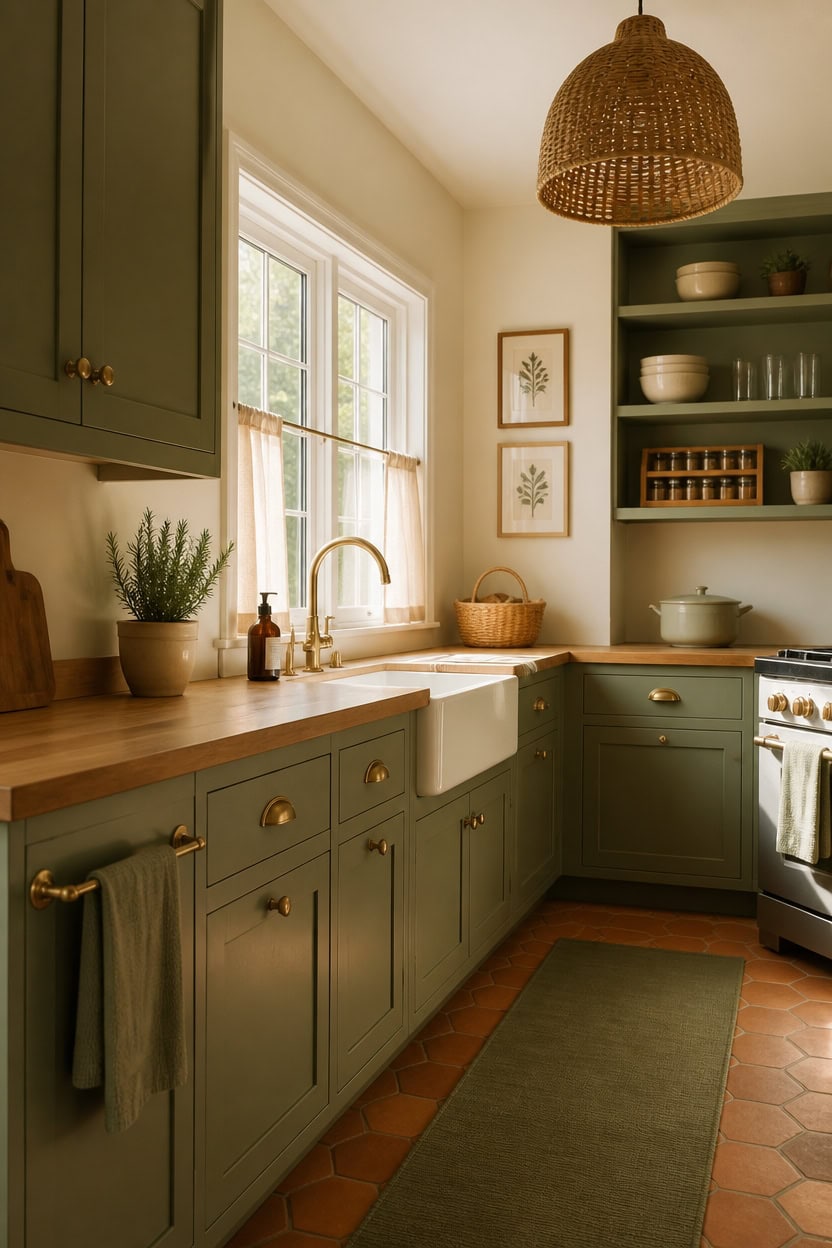 Bright green kitchen with farmhouse sink and open shelving.