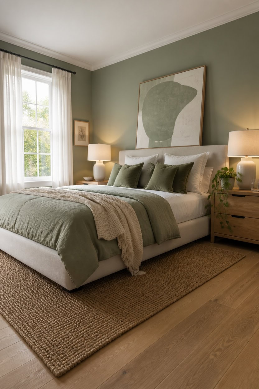 Bright bedroom featuring green and neutral decor, large window with curtains, and modern furnishings.