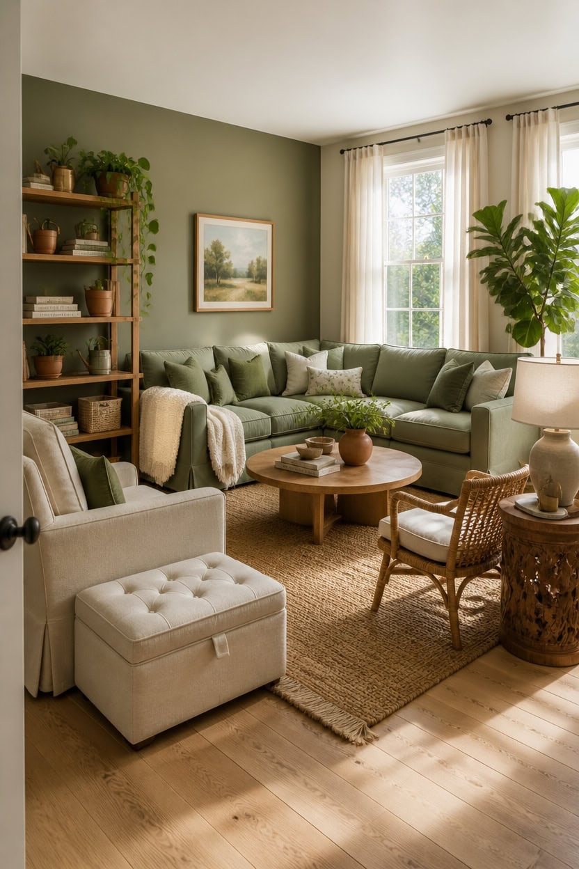 Bright and inviting living room featuring a green accent wall, large windows, and comfortable seatin.