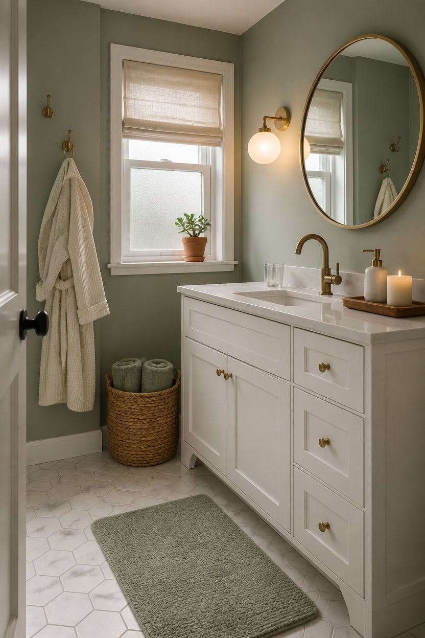 Bright bathroom featuring a white vanity, round mirror, and soft natural light from a window.