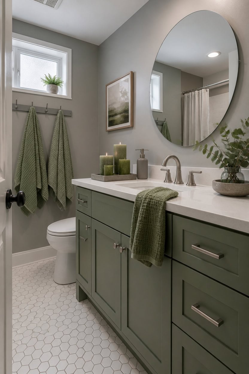 sage green bathroom styling