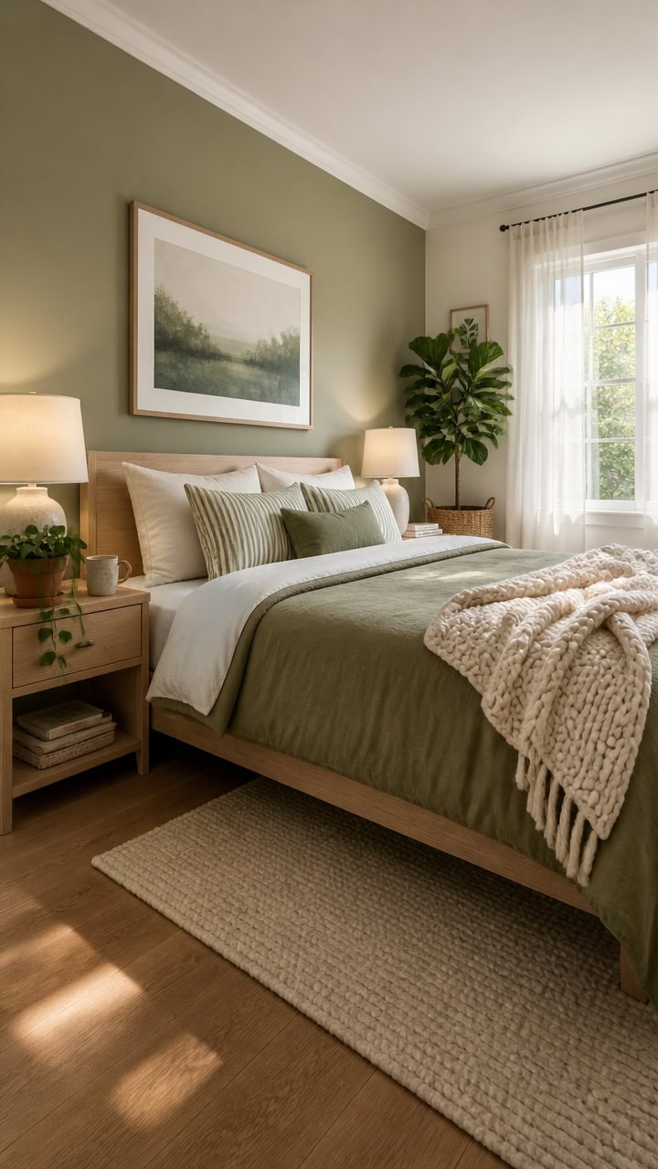 Bright bedroom featuring a green accent wall, large window with white curtains, and a neatly made be.