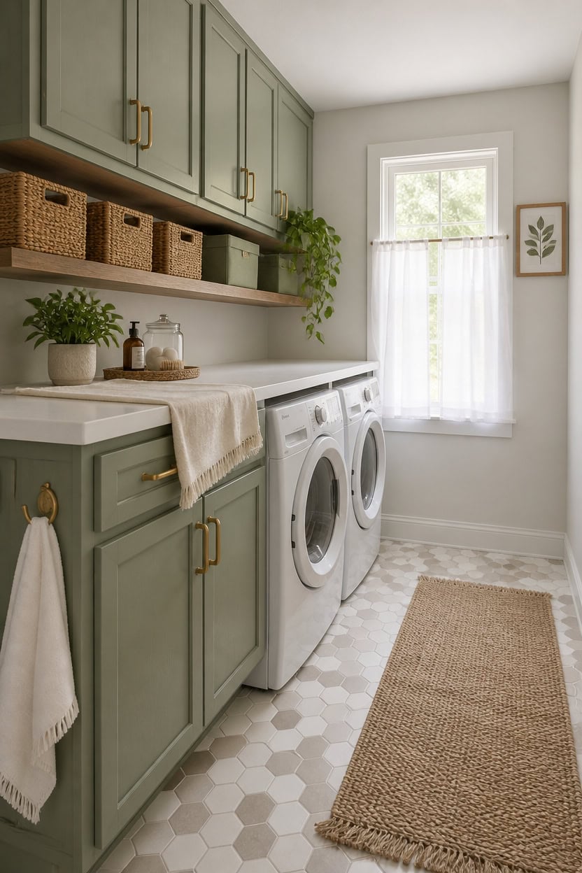 Bright laundry room featuring green cabinetry, a window with sheer curtains, and organized storage b.