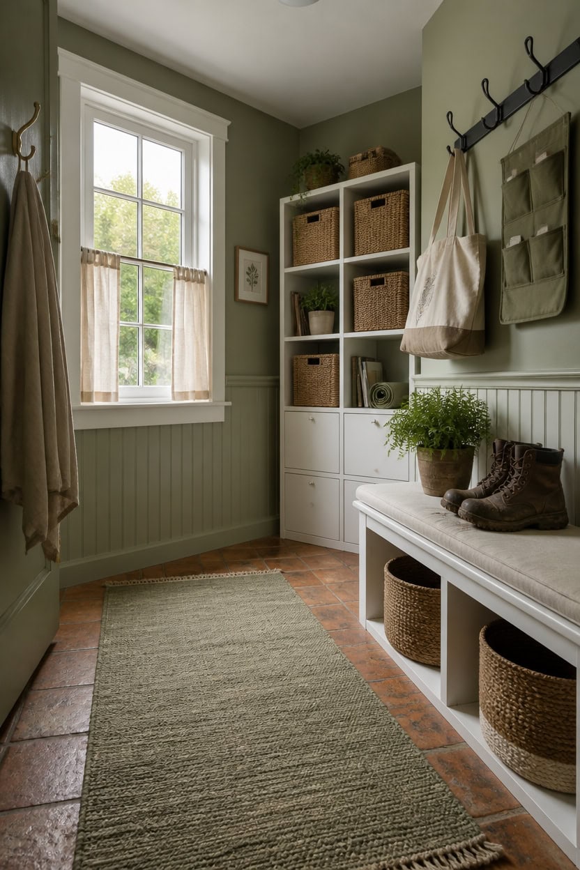 Entryway with storage shelves, baskets, and decorative accents.
