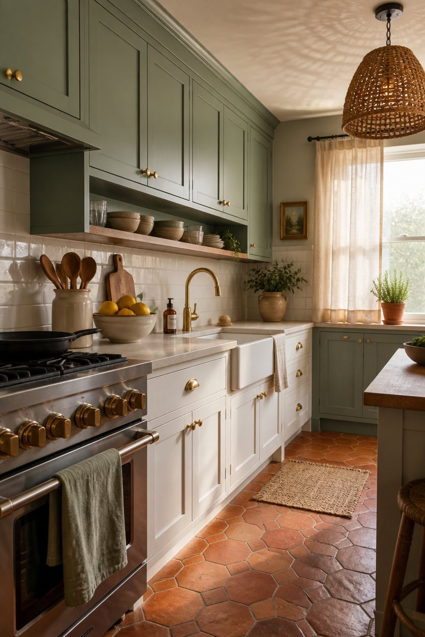 Bright kitchen with green upper cabinets, white lower cabinets, and terracotta tile flooring.