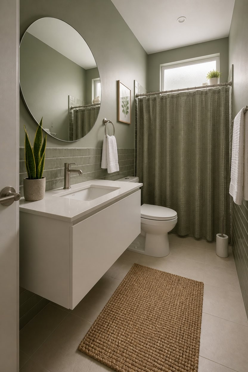 Contemporary bathroom featuring a white vanity, round mirror, and green accents with natural light.