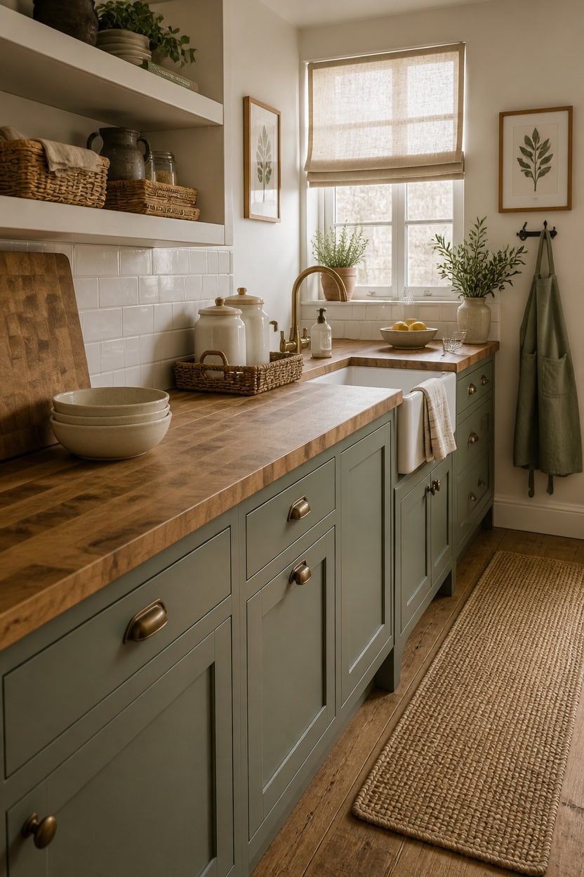 Bright kitchen with green cabinets, wooden countertop, and sunlight through a window.