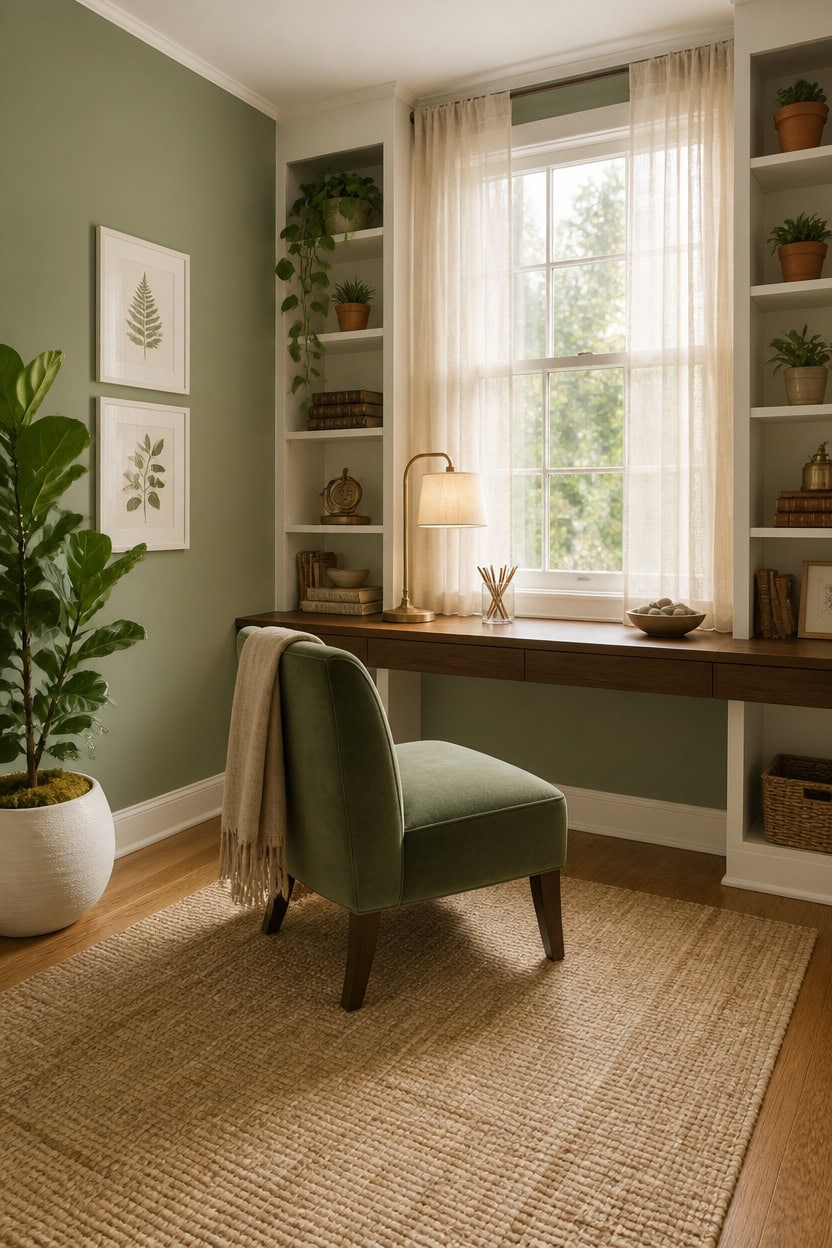 Bright home office with green wall, large window, and built-in shelves filled with decor.