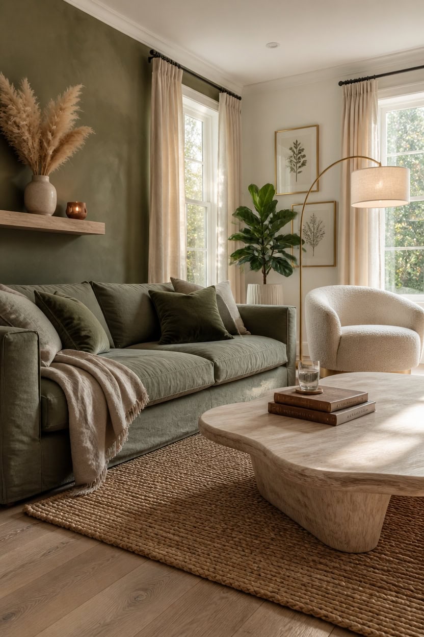 Bright and inviting living room with large windows, plush sofa, and elegant decor. Perfect for relax.