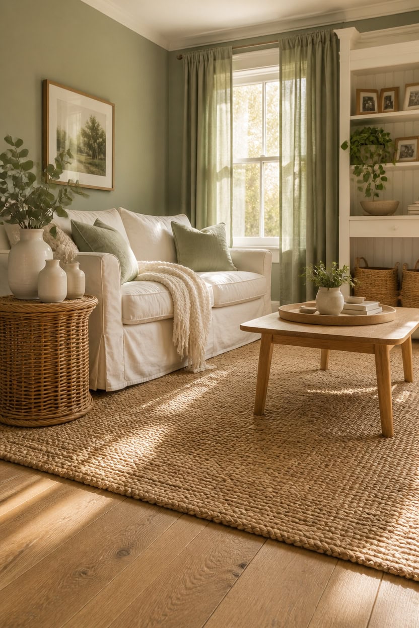 Bright and inviting living room with large window, green curtains, and cozy decor.