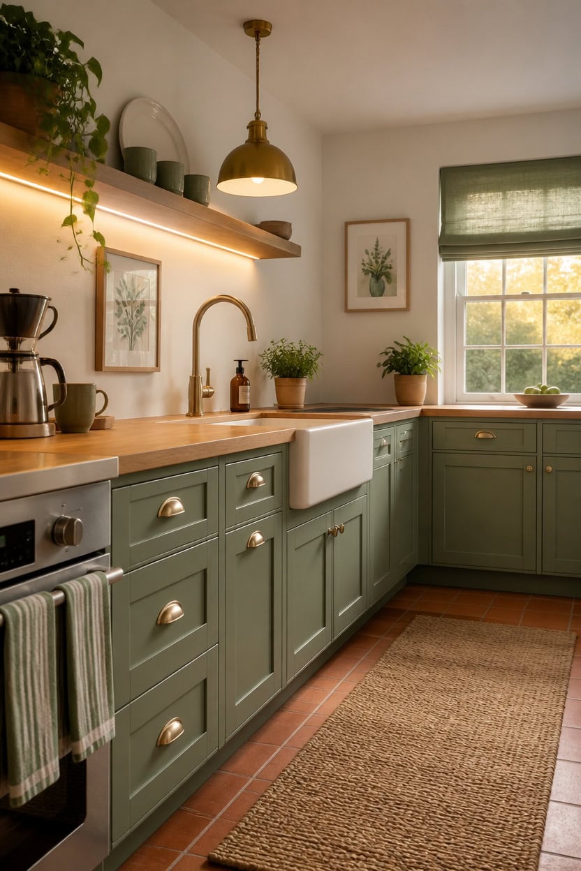 Bright kitchen with green cabinets, wooden countertop, and ample natural light from window.