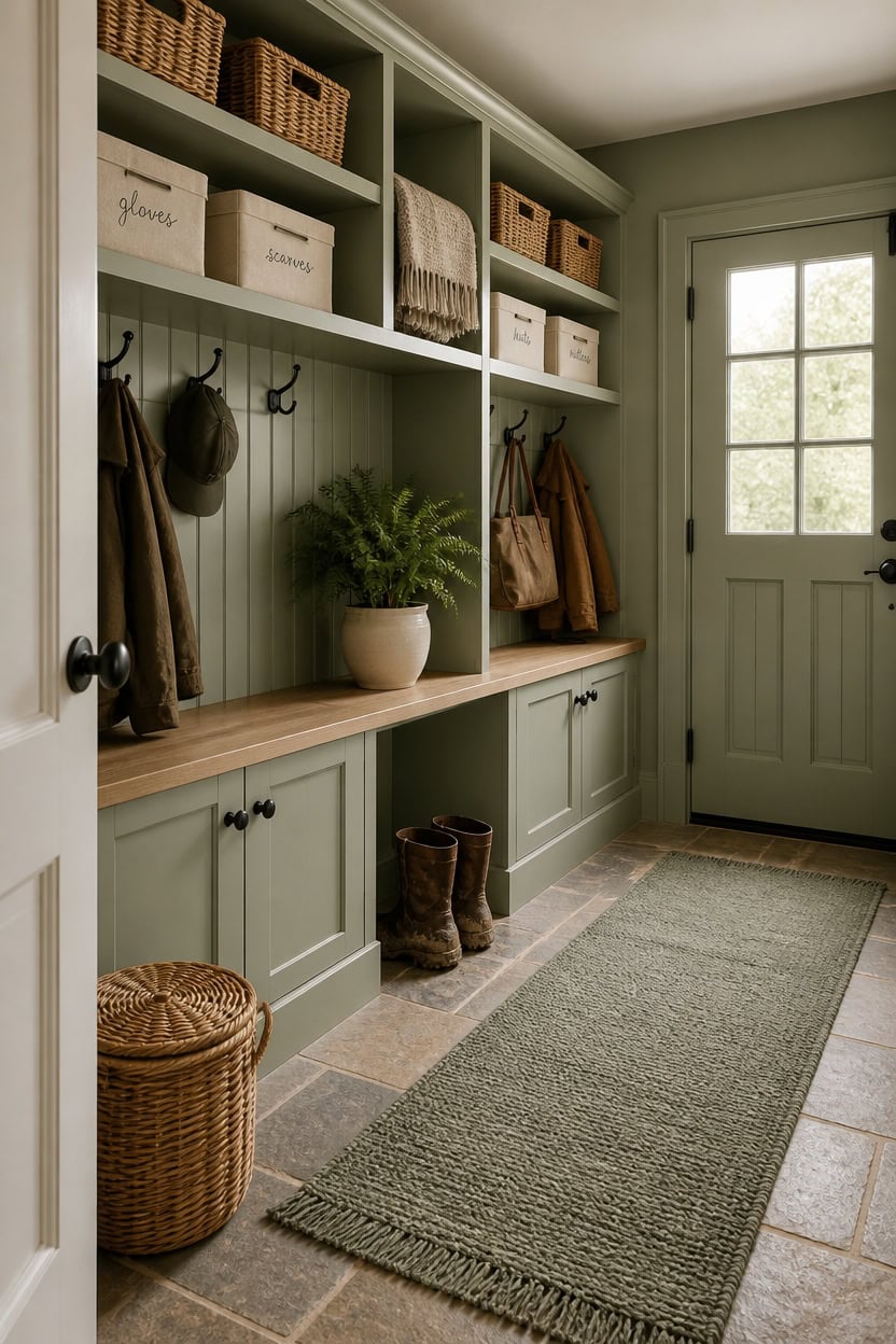 Bright mudroom with built-in shelves, hooks, and seating area for organization.