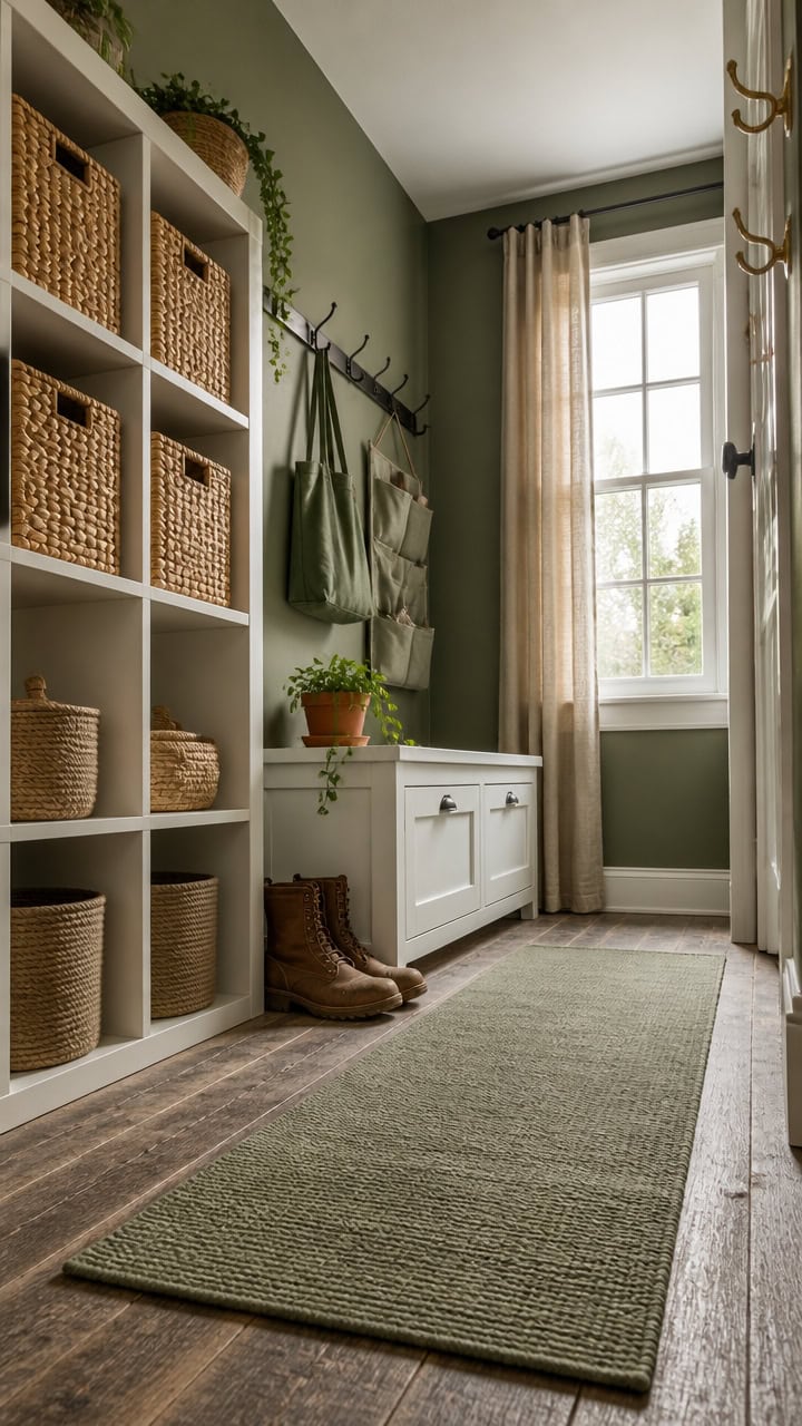 Entryway with storage shelves, a white cabinet, and a window with curtains, creating a welcoming and.
