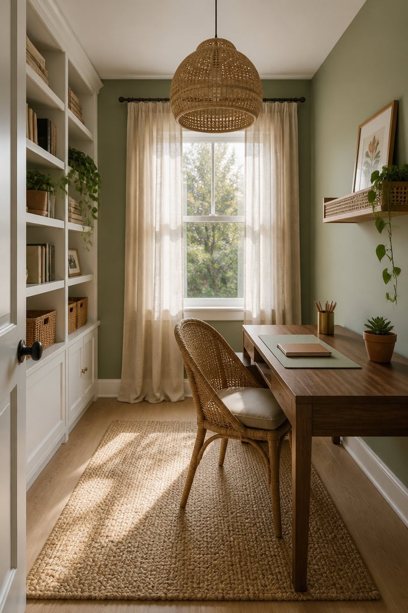 Bright home office with a large window, soft curtains, and a wooden desk. Perfect for working or stu.