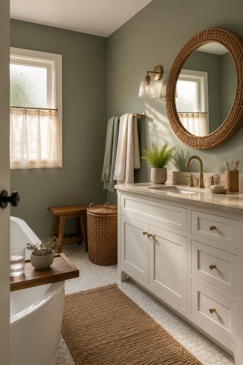 Bathroom with green walls, white vanity, wicker mirror, and natural accents.
