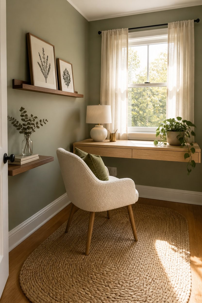 Bright home office with a window, desk, and cozy chair, perfect for working or relaxing.