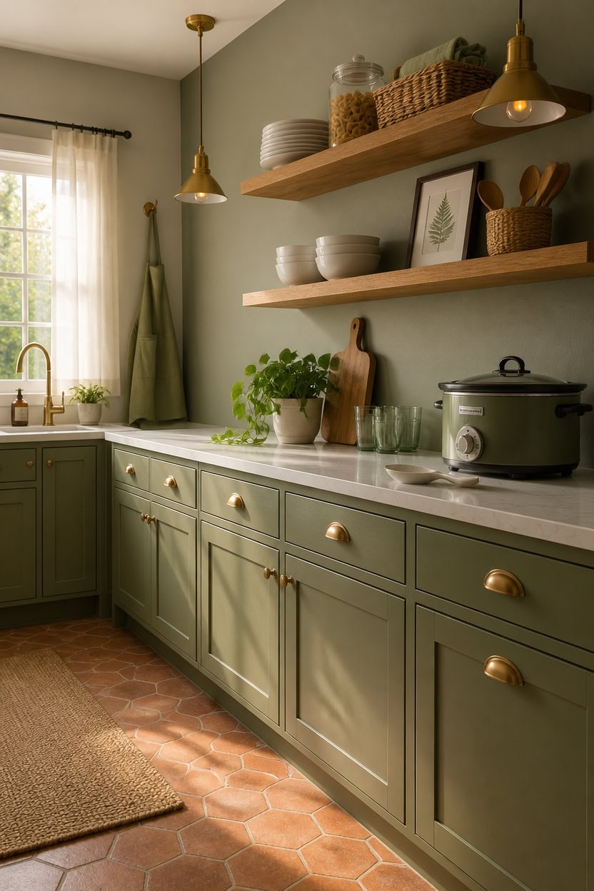 sage green open shelving