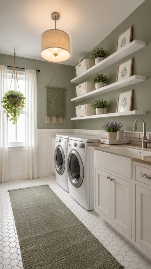 How to Transform a Laundry Room With Sage Green & White for the Plant-Loving Homeowner